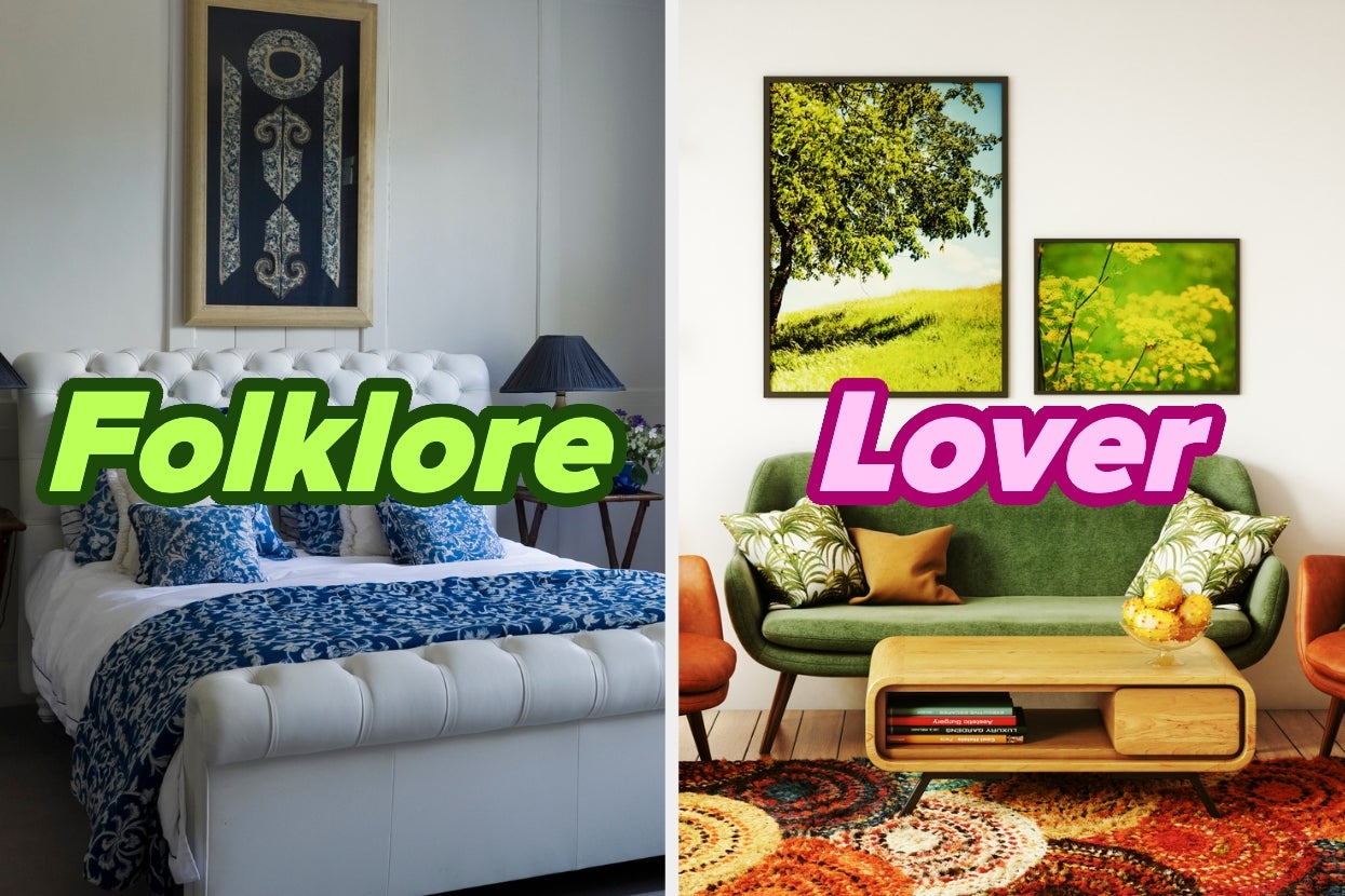 Two rooms: one with a blue and white bed titled "Folklore"; another with a green sofa and art titled "Lover"