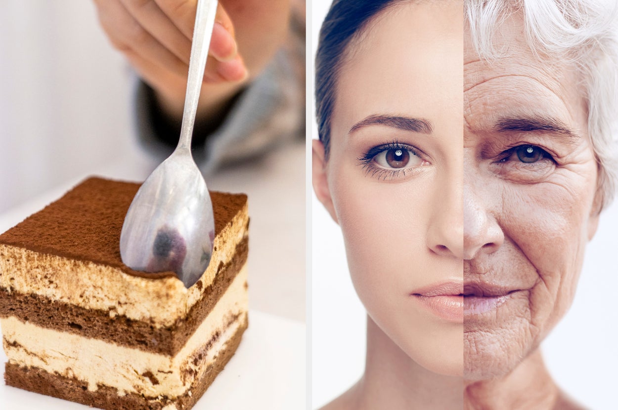 A spoon approaches a layered dessert. Side-by-side, a young and older face contrast in an artistic split image
