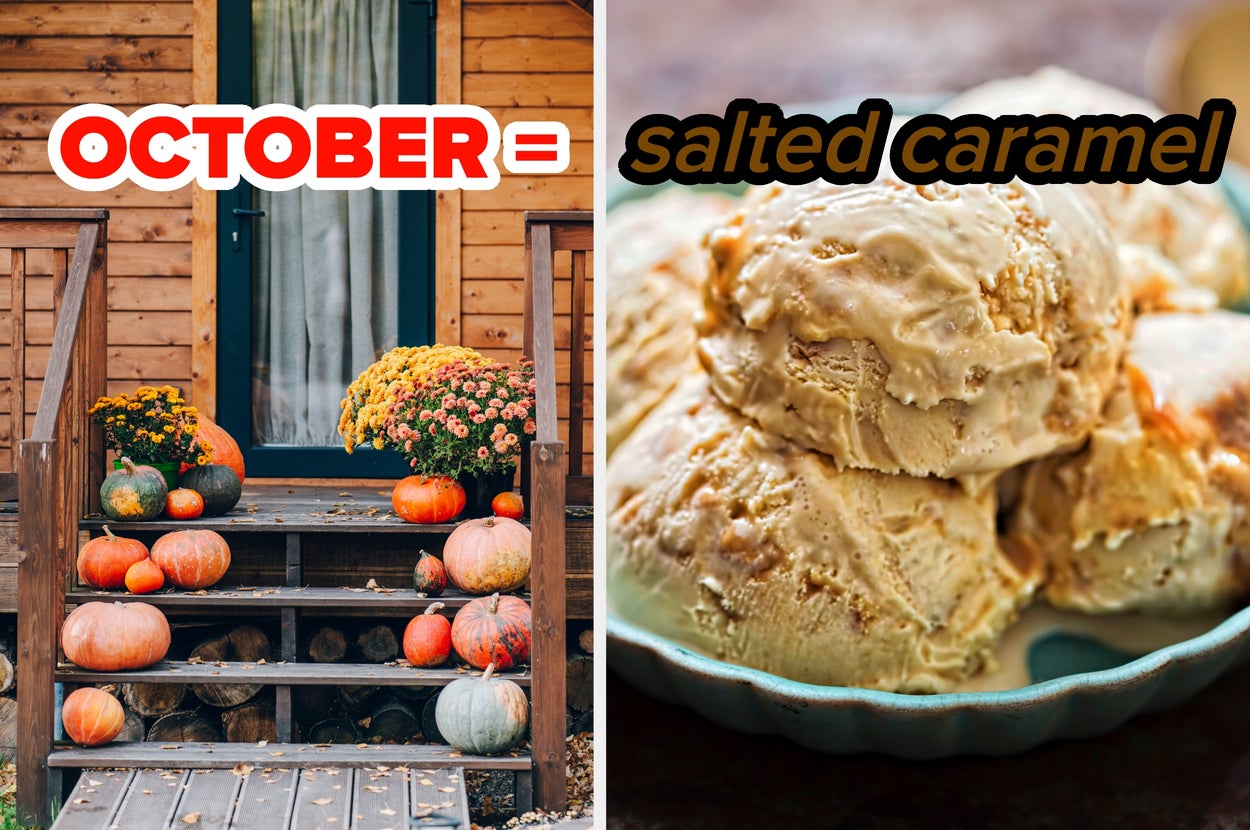 Left: Wooden porch with pumpkins and flowers. Right: Close-up of salted caramel ice cream scoops. Text: "October = salted caramel."