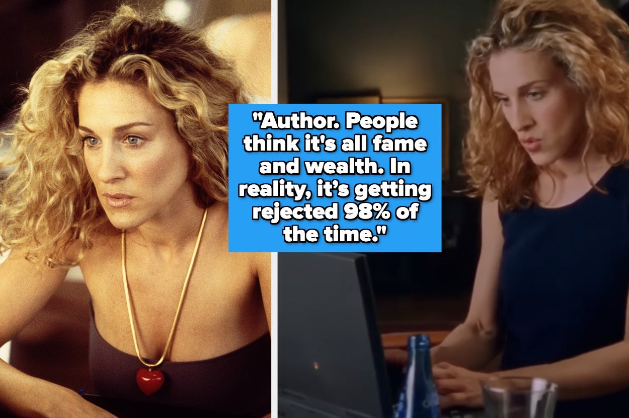 Two images show a woman with wavy hair. Quote: "Author: People think it's all fame and wealth. In reality, it's getting rejected 98% of the time."