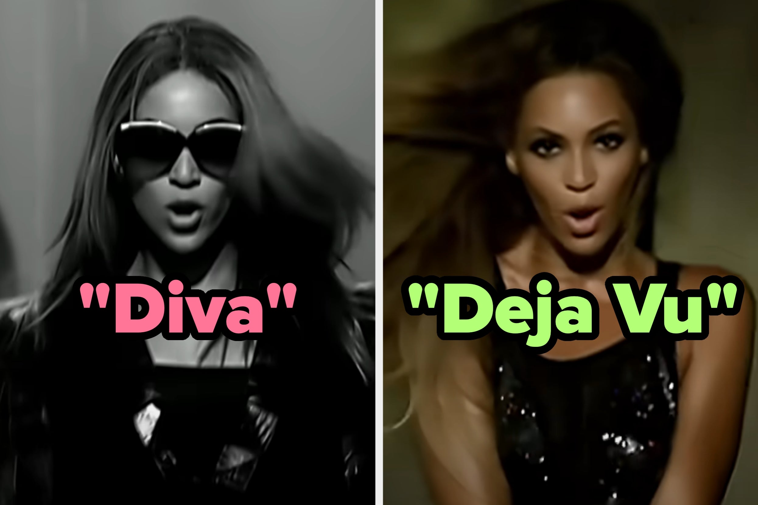On the left, Beyoncé in the Diva music video, and on the right, Beyoncé in the Deja Vu music video
