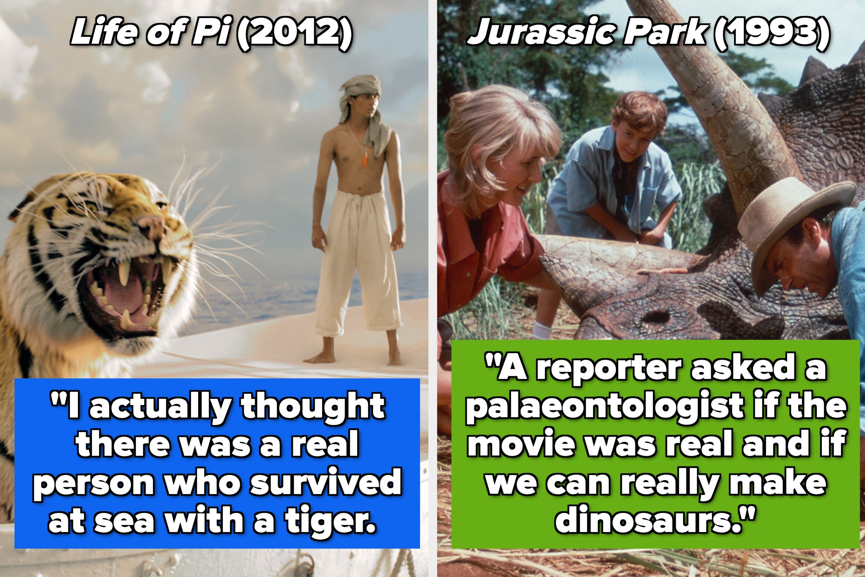 Split image: Left, a scene from "Life of Pi" with a tiger; Right, "Jurassic Park" dinosaur scene with a humorous text comment