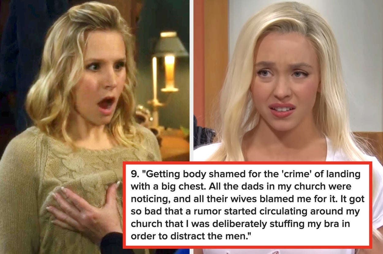 Two TV show characters looking shocked. The caption discusses body shaming and rumors in a church setting