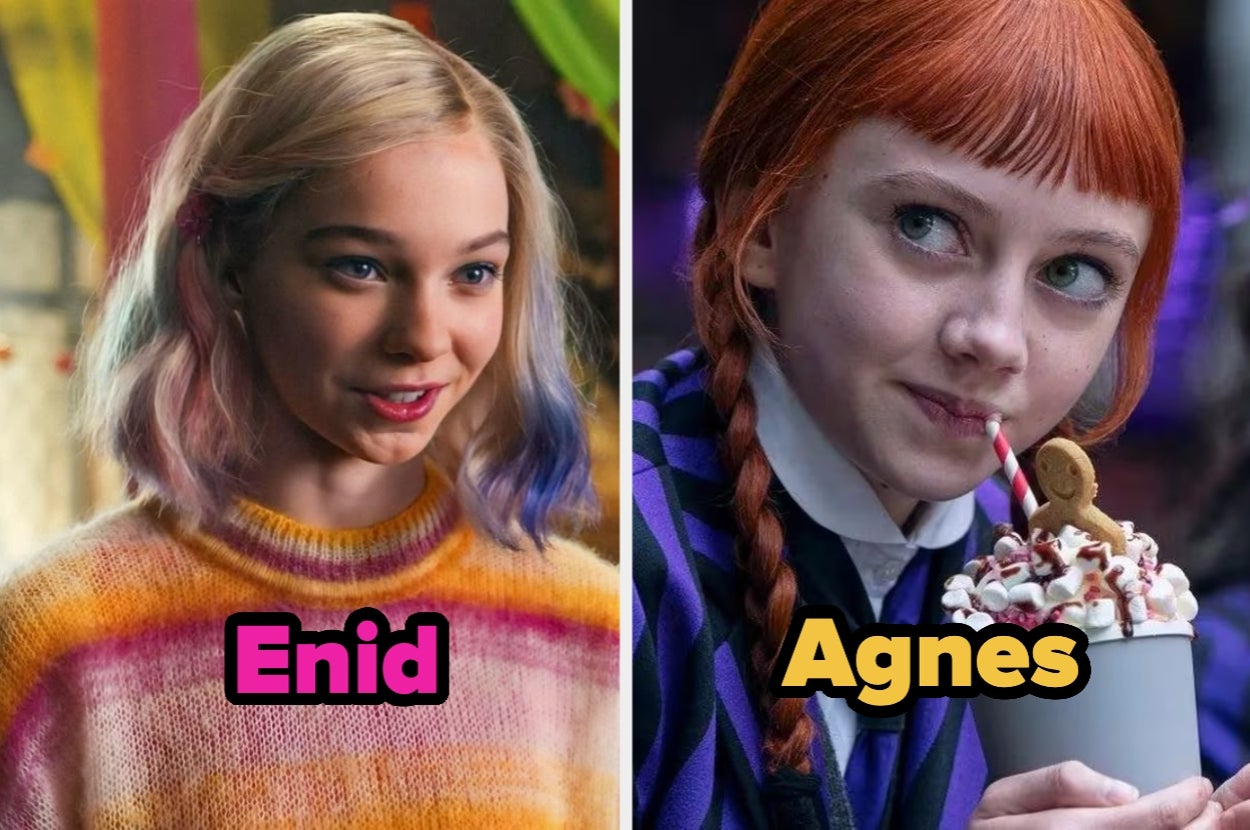 Two young female characters: Enid with wavy hair and stripes, Agnes with braided hair holding a drink with whipped cream and a cookie