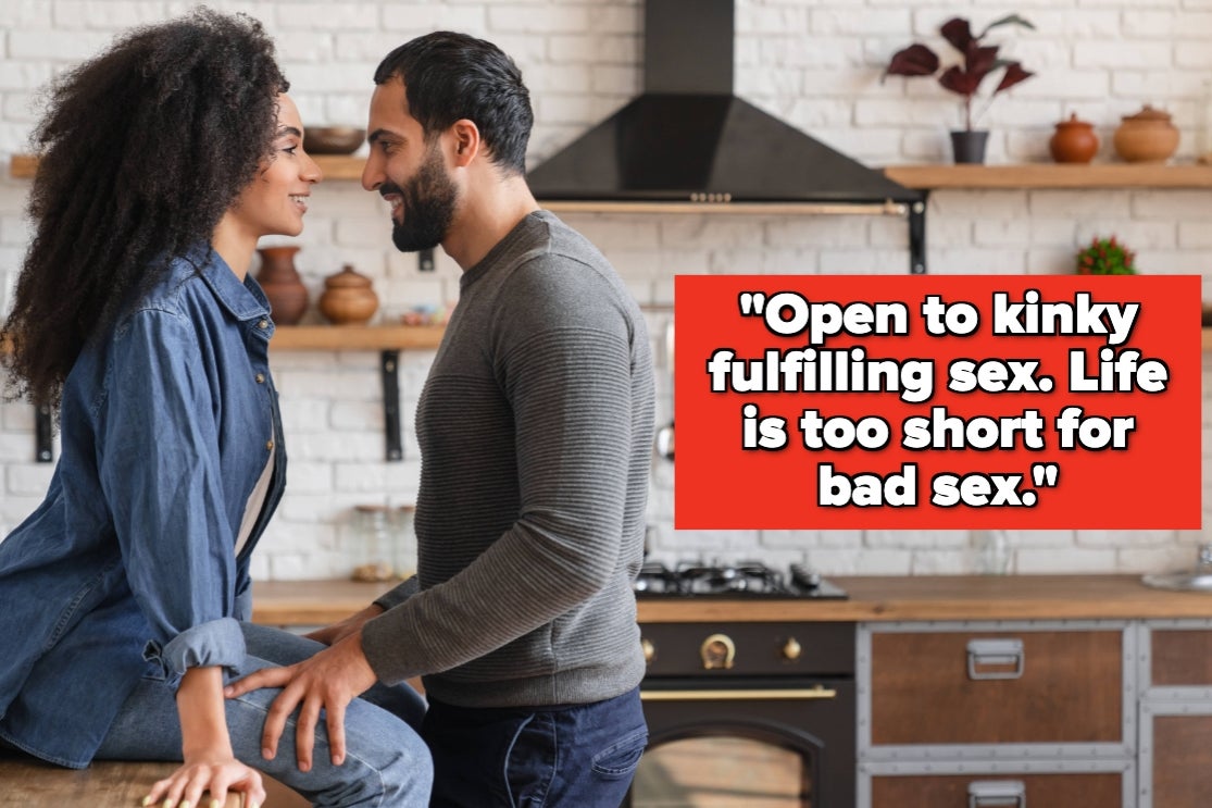 A couple in a kitchen, the man gently holds the woman's knee. A text box reads: "Open to kinky fulfilling sex. Life is too short for bad sex."