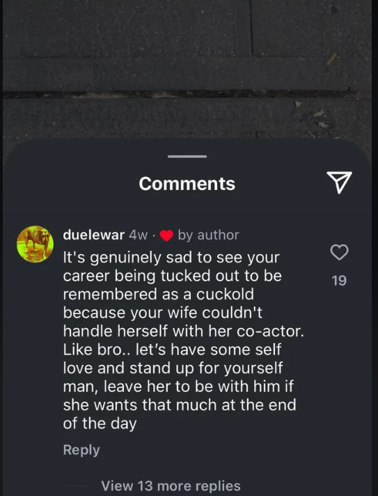 Instagram comment criticizing Jason Ralph for staying with Rachel Brosnahan, suggesting they stand up for themselves and let their partner be with David Corenswet