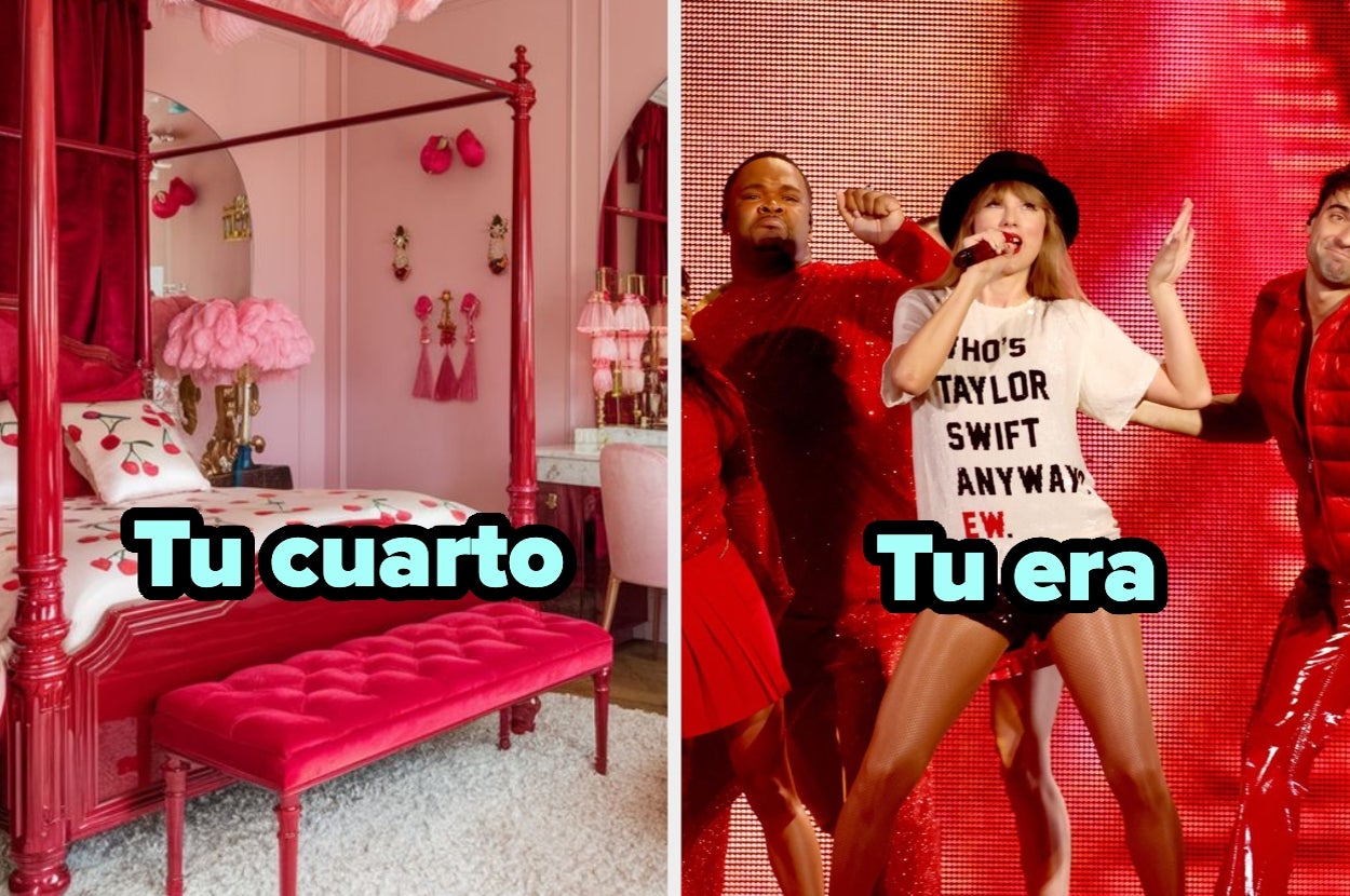 Dos imágenes: una de un dormitorio elegante y otra de una cantante actuando con bailarines. Texto: "Tu cuarto" y "Tu era"