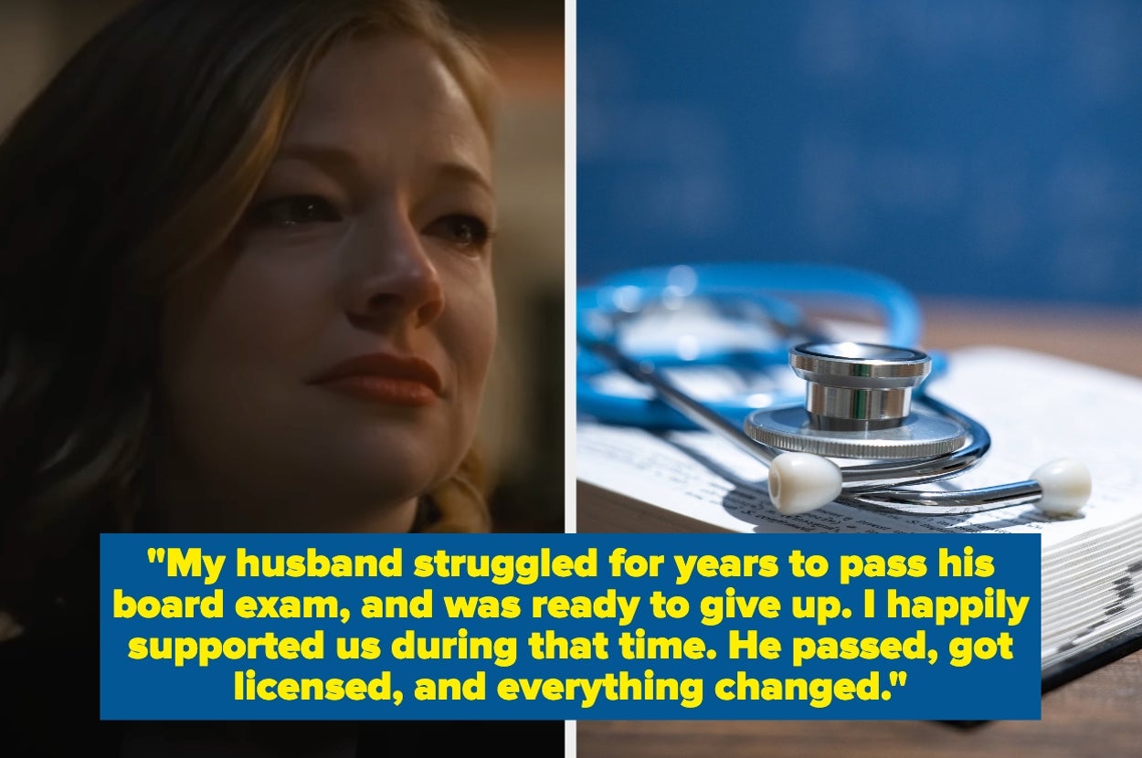 Woman looking reflective; stethoscope on papers. Quote about husband passing a board exam and changes after success