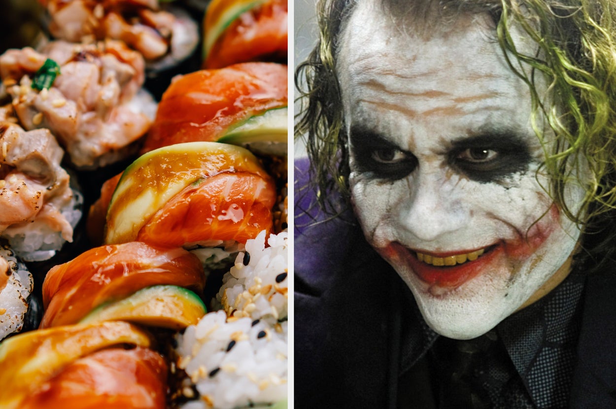 Sushi rolls next to a person with clown makeup, green hair, and a wide smile