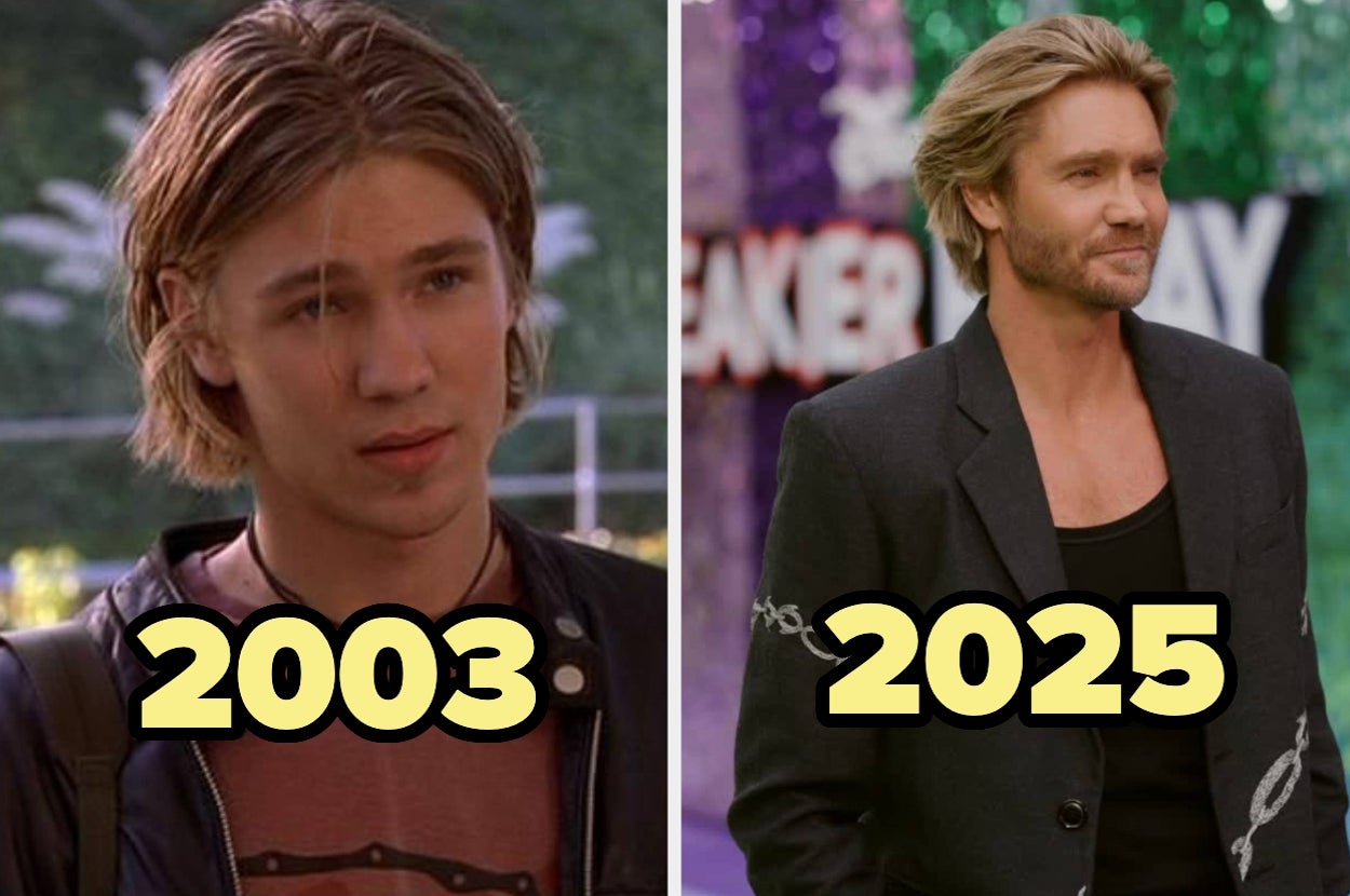 Comparación de dos imágenes de un hombre en 2003 y 2025. En 2003, viste casual con chaqueta de cuero; en 2025, traje elegante y camiseta negra