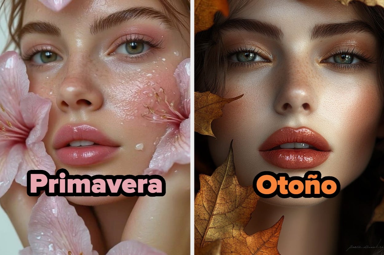 Mujer con estilo de maquillaje floral primaveral a la izquierda y estilo otoñal con hojas a la derecha