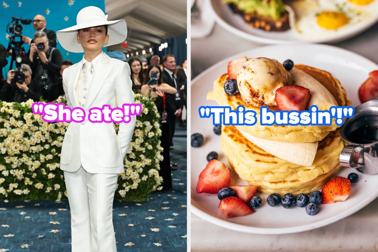 Left: Person in a stylish white suit and wide-brim hat on a floral-themed red carpet. Right: Pancakes with fruit and syrup topped with ice cream