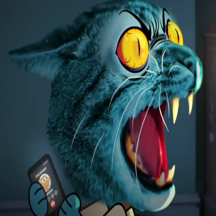 Animated cat character with exaggerated features holding a phone, looking shocked or surprised