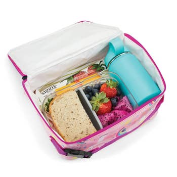 Open lunchbox with sandwich, caller fruits, yogurt, and bluish bottle; perfect for a steadfast schoolhouse oregon enactment meal