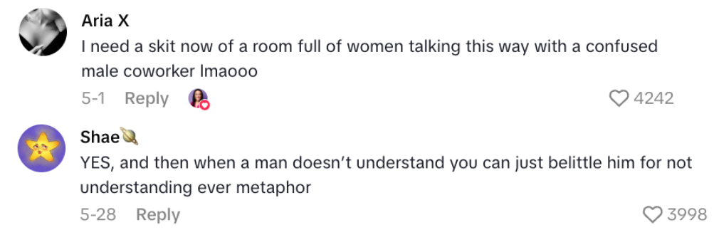Kommentarer som diskuterer en humoristisk skitidé om kvinner som forvirrer en mannlig kollega, med svar som understreker misforståelse av metaforer