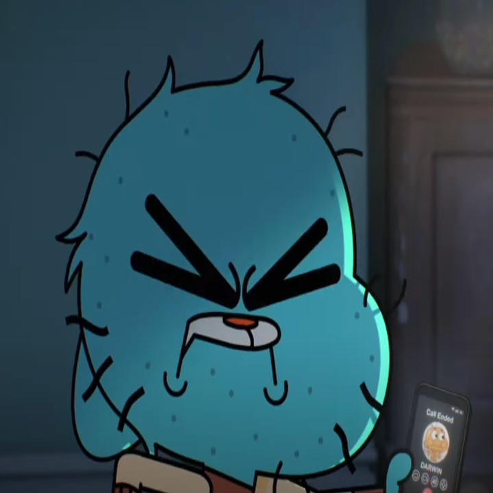 Animated character Gumball holding a smartphone with an angry expression. The phone displays a "call back" screen