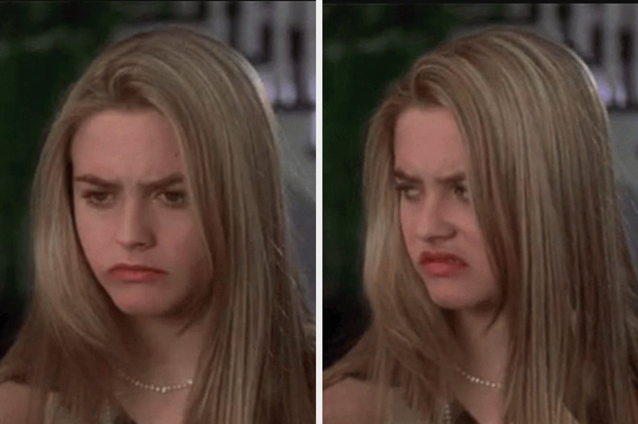 Two side-by-side images show a person with long hair and an upset expression. Both images appear to be from the same scene