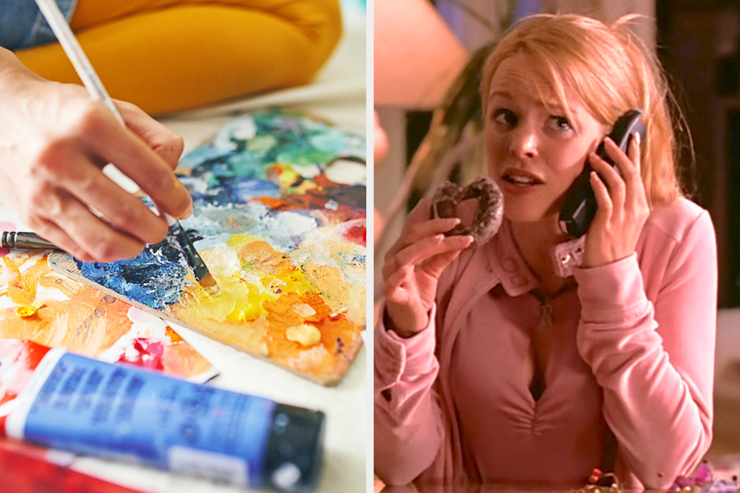 On the left, someone painting on a canvas, and on the right, Regina George eating a chocolate donut