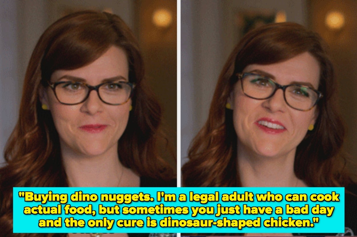 Two images of a person with glasses smiling. Text: Buying dino nuggets as an adult is okay for tough days needing dinosaur-shaped chicken