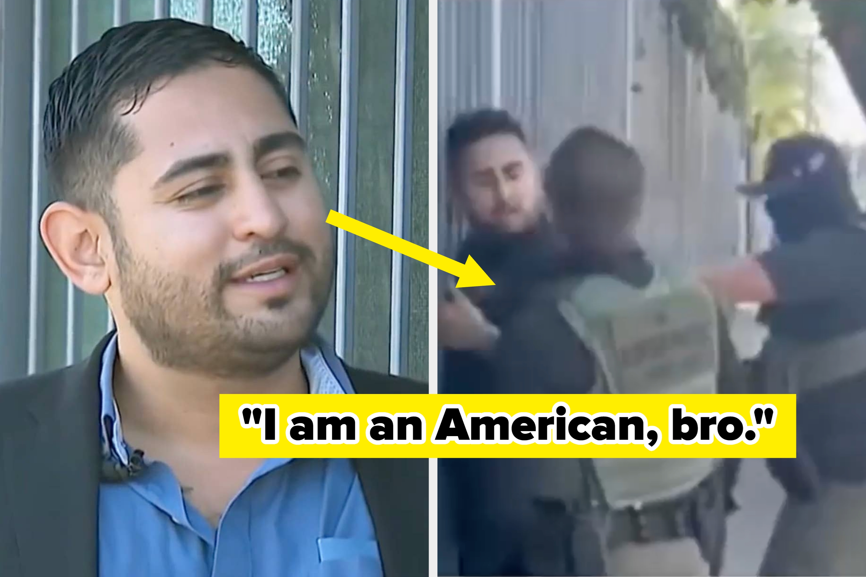 Man in a suit speaks on camera; nearby image shows a conflict with someone being restrained. Caption reads, "I am an American, bro."