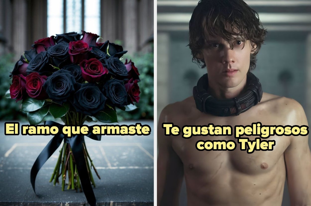 Ramo de rosas oscuras a la izquierda. A la derecha, un joven sin camisa con un collar negro. Texto: "El ramo que armaste. Te gustan peligrosos como Tyler."