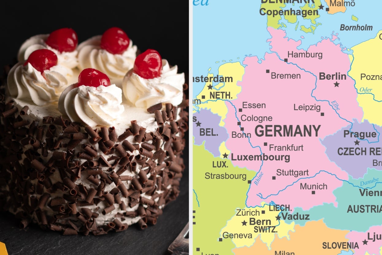 A chocolate and cherry cake on the left; a map of Germany and surrounding countries on the right