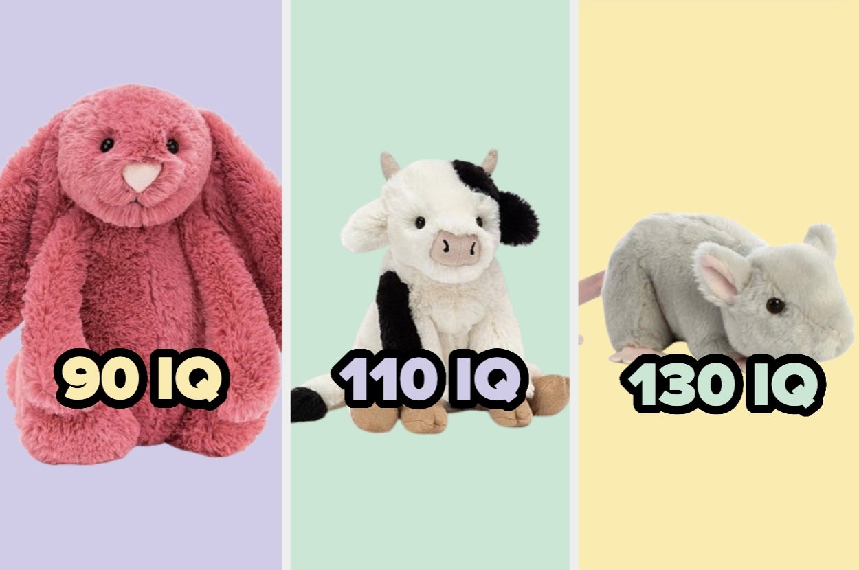 Tres peluches: conejo (90 IQ), vaca (110 IQ) y ratón (130 IQ). Texto humorístico sobre inteligencia