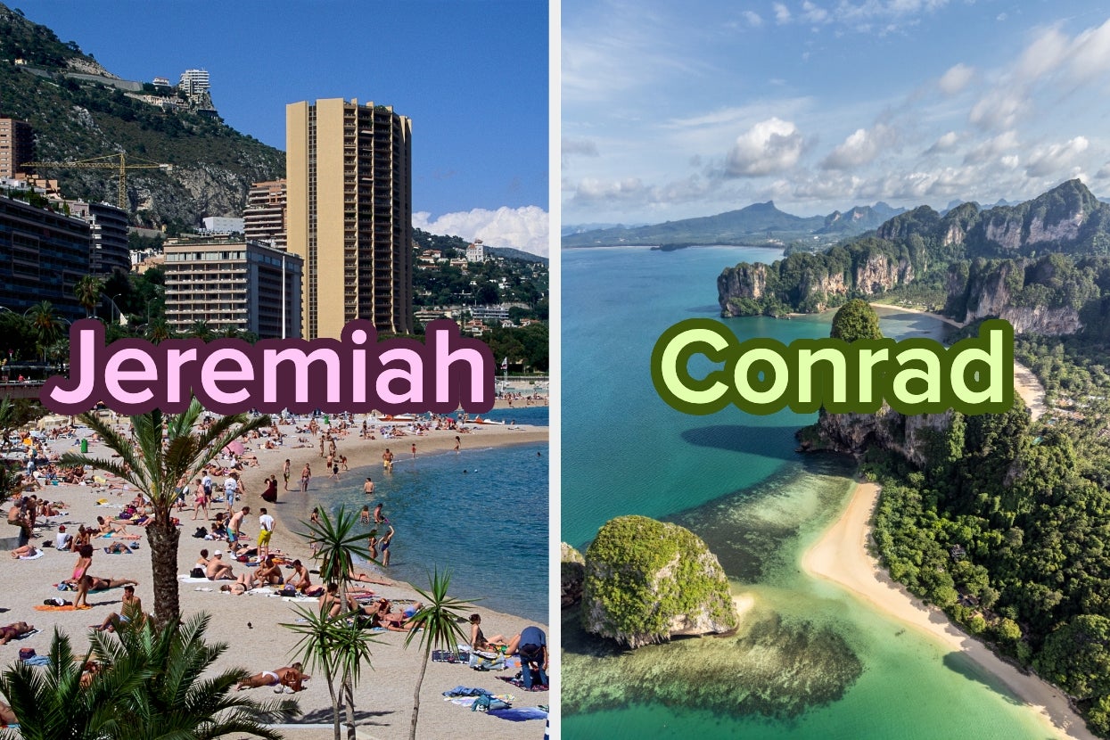 Split image: Left shows a crowded beach with a city backdrop labeled "Jeremiah." Right shows a serene tropical beach with cliffs labeled "Conrad."
