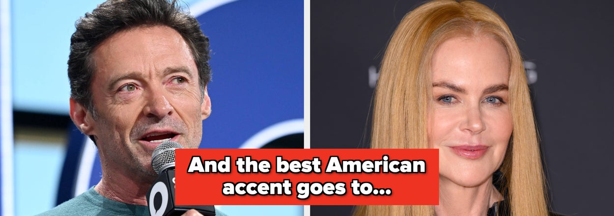 Split image of Hugh Jackman and Nicole Kidman. Text: "And the best American accent goes to..."