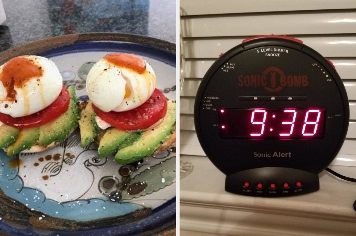 Avocado toast with poached eggs and tomatoes on a decorative plate next to a digital alarm clock showing 9:38