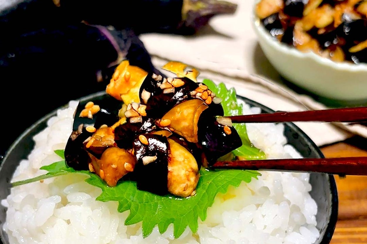 米飯の上にシソの葉とナスの煮物を載せた和風料理。箸でナスを持ち上げている。