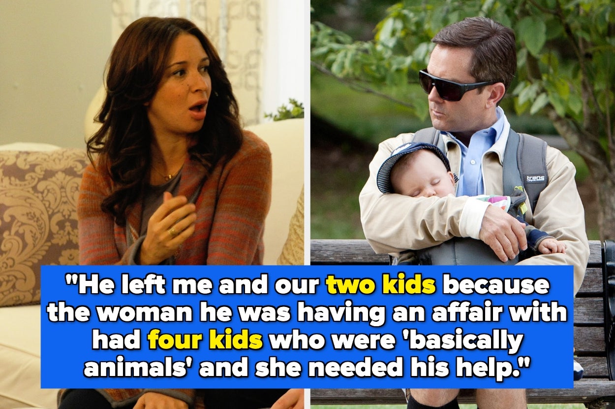 Split image: Left, a woman speaks on a sofa. Right, a man with glasses holds a sleeping baby on a park bench. Quote about a complicated family situation