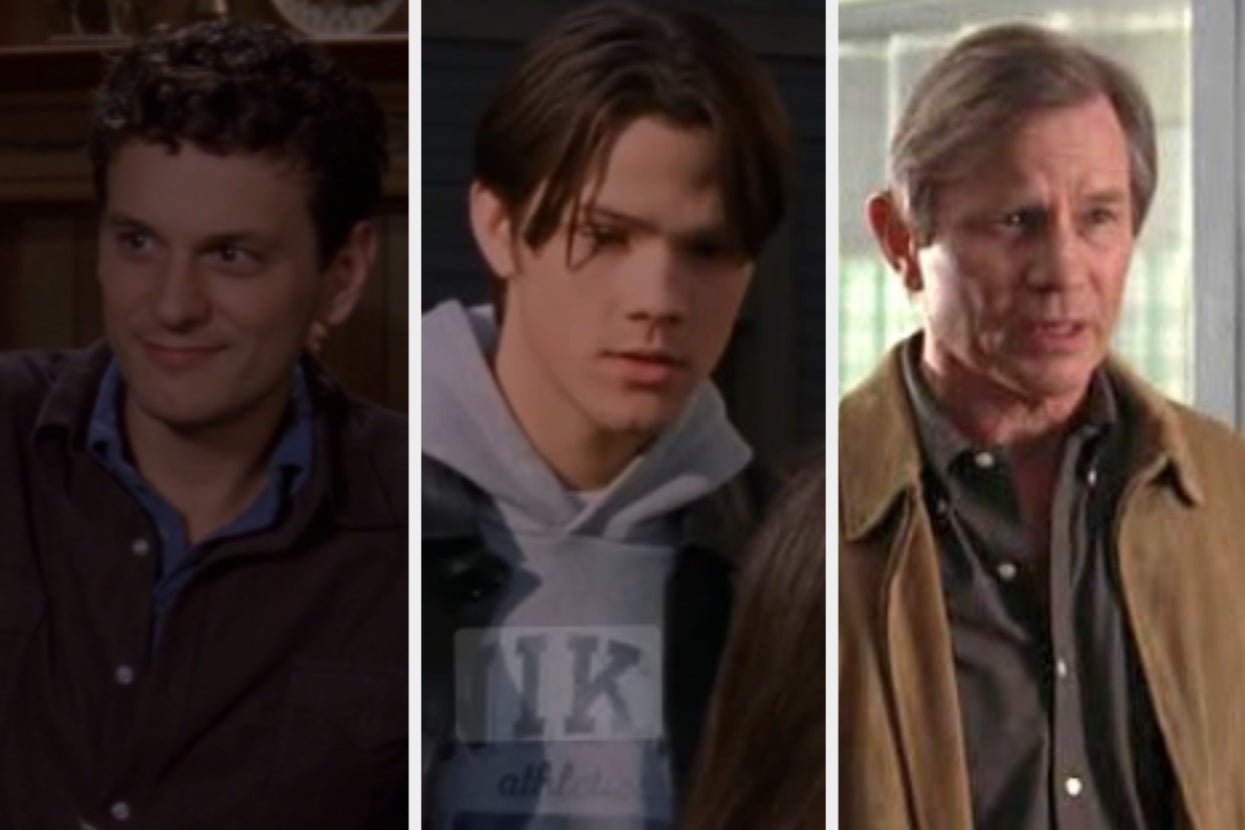 Three young men from a TV show scene, each wearing casual outfits with jackets