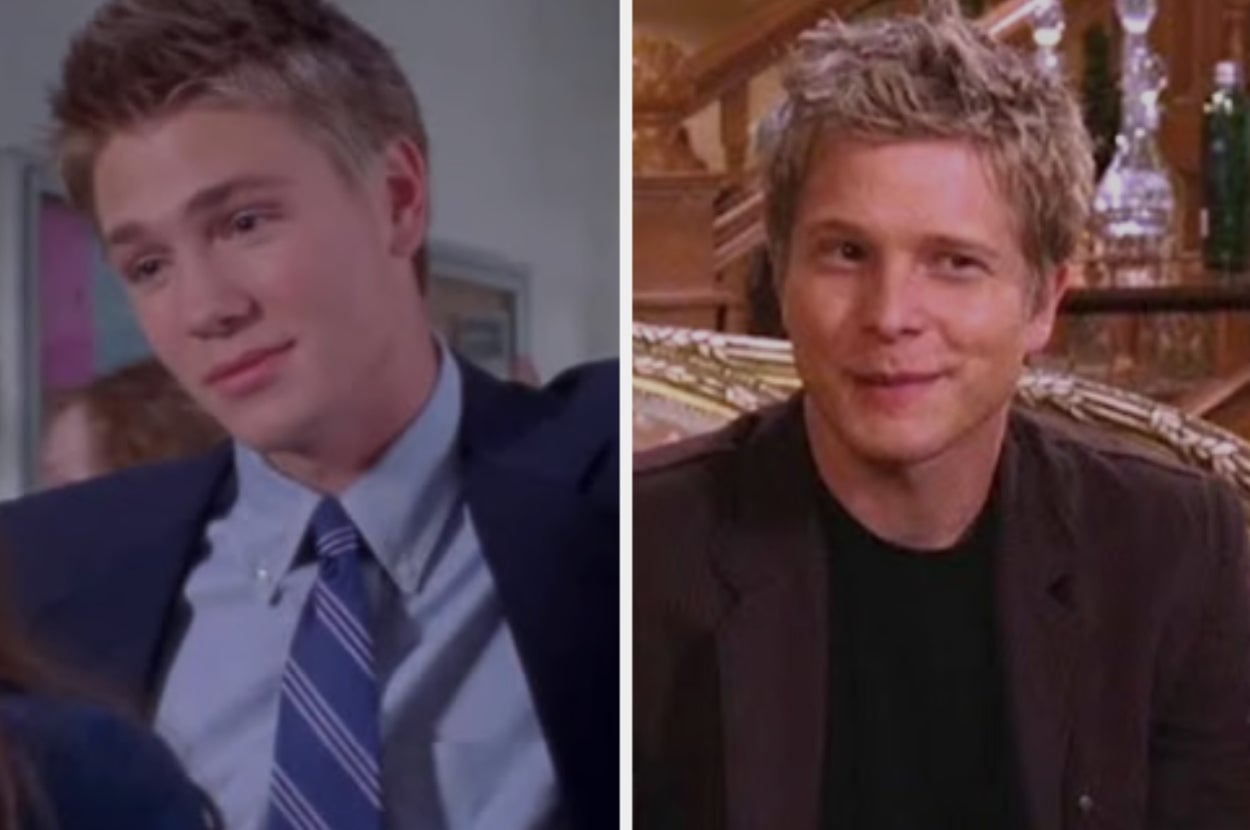 Two young men in suits are shown in stills from a TV show, sitting and appearing to be engaged in conversation