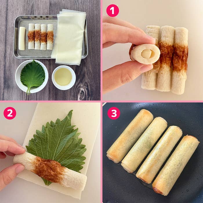 チーズを入れたちくわと大葉を春巻きの皮で巻き、焼くプロセスを示した3段階の料理手順。