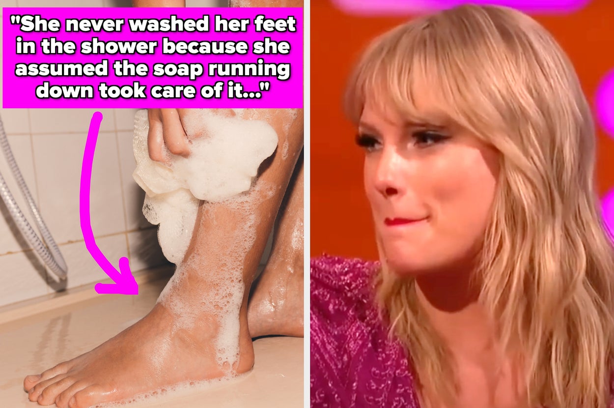 Split image: Left side shows soapy feet in a shower with text about not washing feet. Right side shows a person in a glittery outfit biting their lip