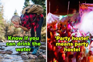 Left: A person drinks water from a stream. Right: A crowded party scene at a hostel. Text emphasizes water safety and hostel expectations