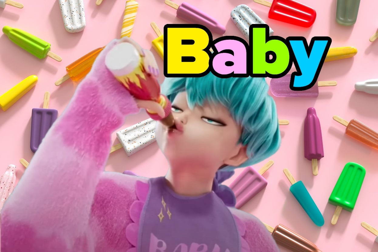 A cartoon character with blue hair drinks from a bottle. "Baby" text is above. Background has various popsicles