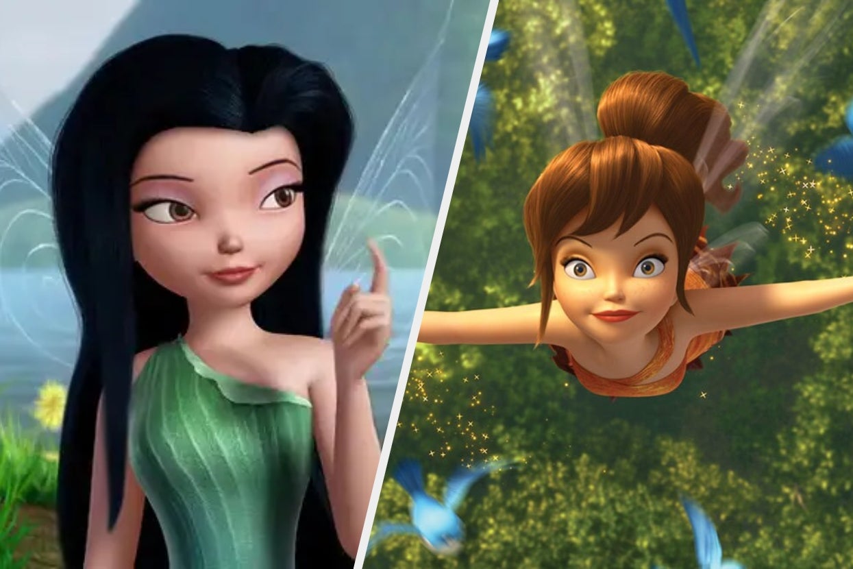 Two animated fairies, Silvermist with long black hair in a green dress, and Fawn flying with brown hair in a bun, surrounded by sparkles and birds