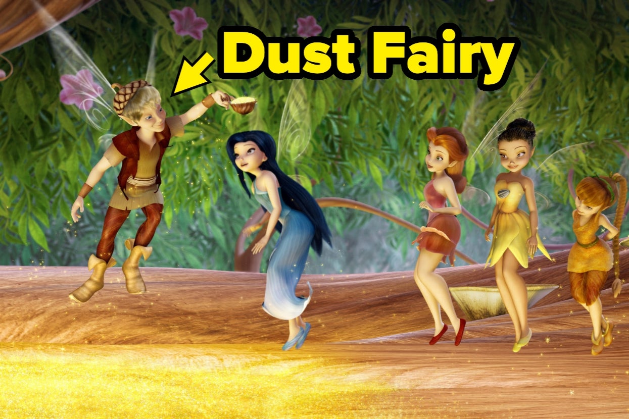 Animated fairies gather around as one labeled "Dust Fairy" sprinkles pixie dust in an enchanting woodland setting