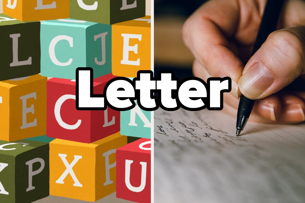 Toy blocks with letters are shown next to a hand writing cursive with a pen