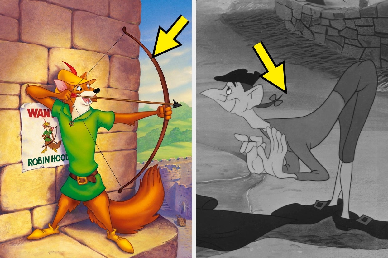 Animated characters Robin Hood holding a bow and arrow and Ichabod Crane bowing