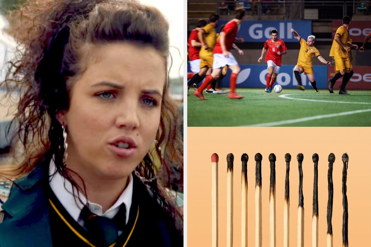 Jamie-Lee O'Donnell as Michelle in "Derry Girls" looking confused; soccer match in action; art of matches with hair stands upright in descending order