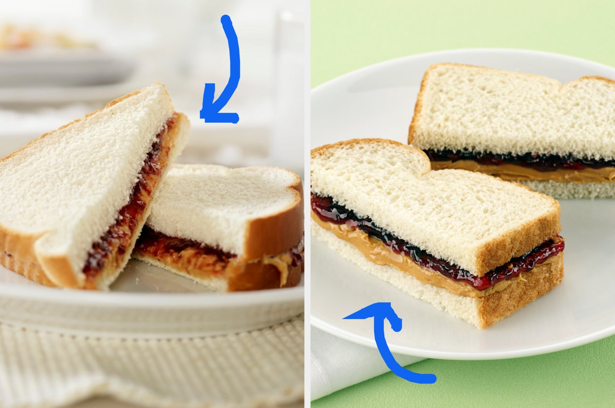 Two peanut butter and jelly sandwiches on plates, one cut diagonally and one cut down the middle