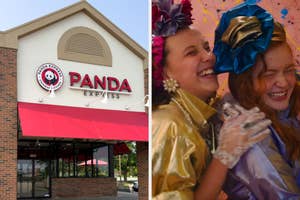 On the left, a Panda Express restaurant, and on the right, Eleven and Max from Stranger Things laughing while taking glamour shots at the mall