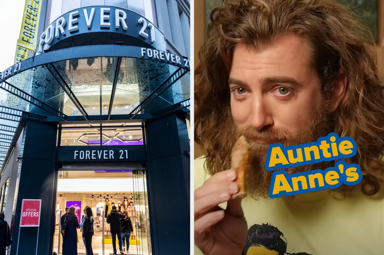 On the left, the entrance to a Forever 21 store, and on the right, Rhett from Good Mythical Morning holding a piece of a cinnamon sugar pretzel labeled Auntie Anne's