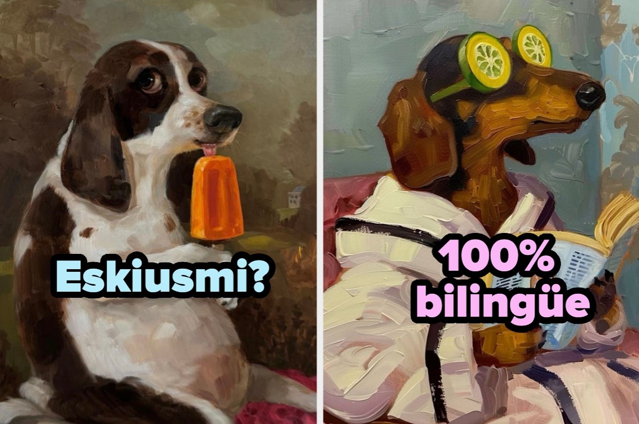 Dos pinturas de perros humanizados: uno con un helado y texto "Eskiusmi?", otro con batas y pepino en los ojos, libro y texto "100% bilingüe"