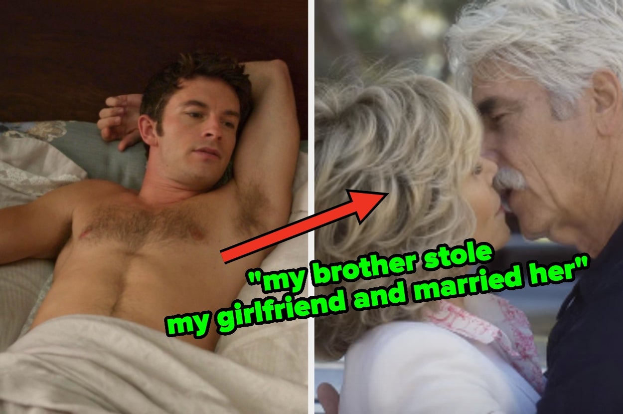 Shirtless man lying on bed; older couple embracing, text says, “my brother stole my girlfriend and married her.”