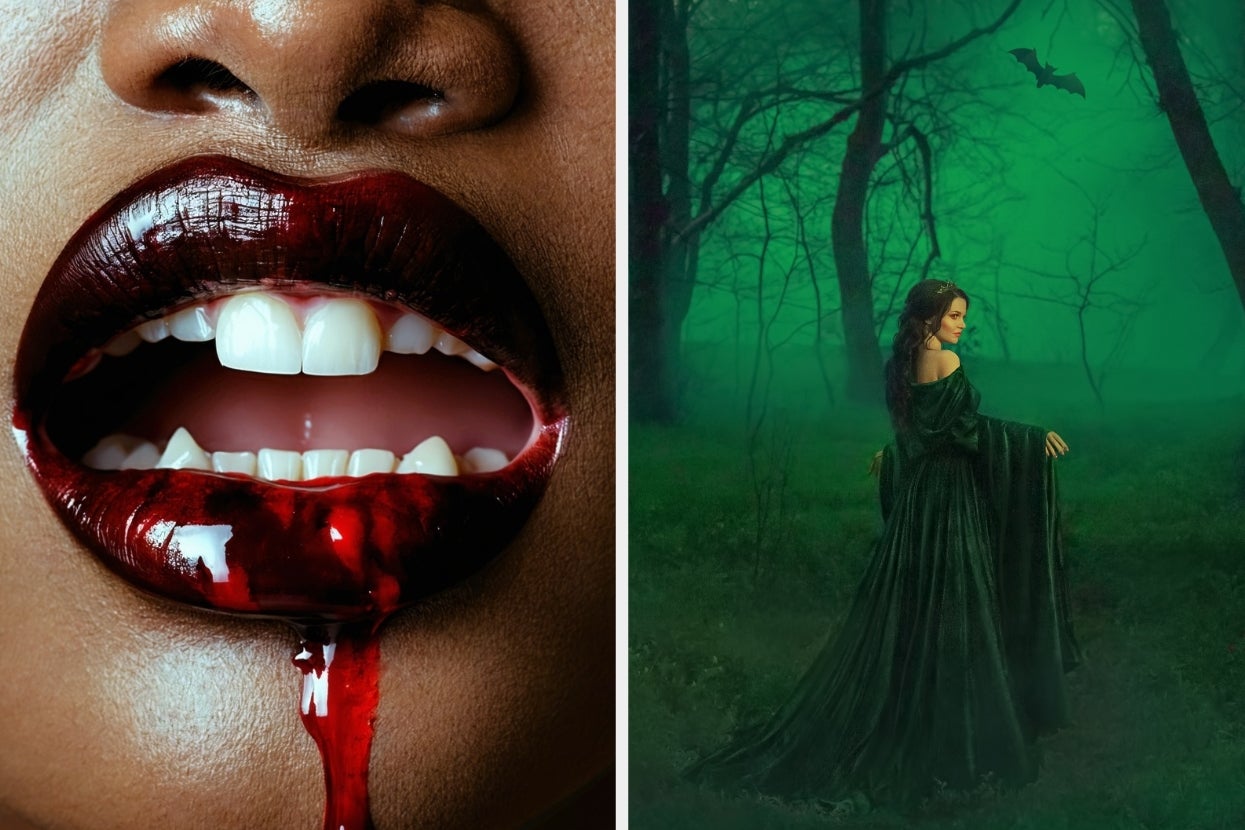 Close-up of lips with blood on teeth and dripping from left side. Next to it, a woman in a flowing gown stands in a misty forest under a bat