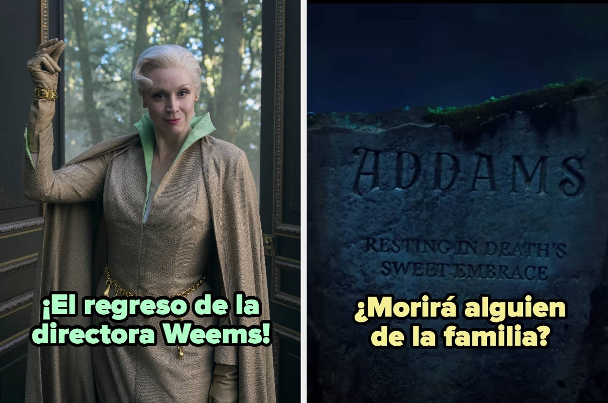 Imagen dividida: A la izquierda, una persona en traje elegante y de estilo gótico. A la derecha, inscripción en una lápida de la familia Addams